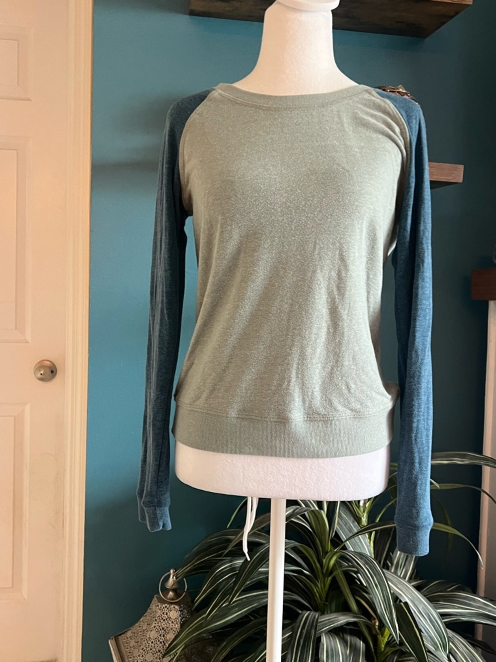 🌸Marine Layer Two-Tone Raglan Sweatshirt — Sage Body, Blue Sleeves